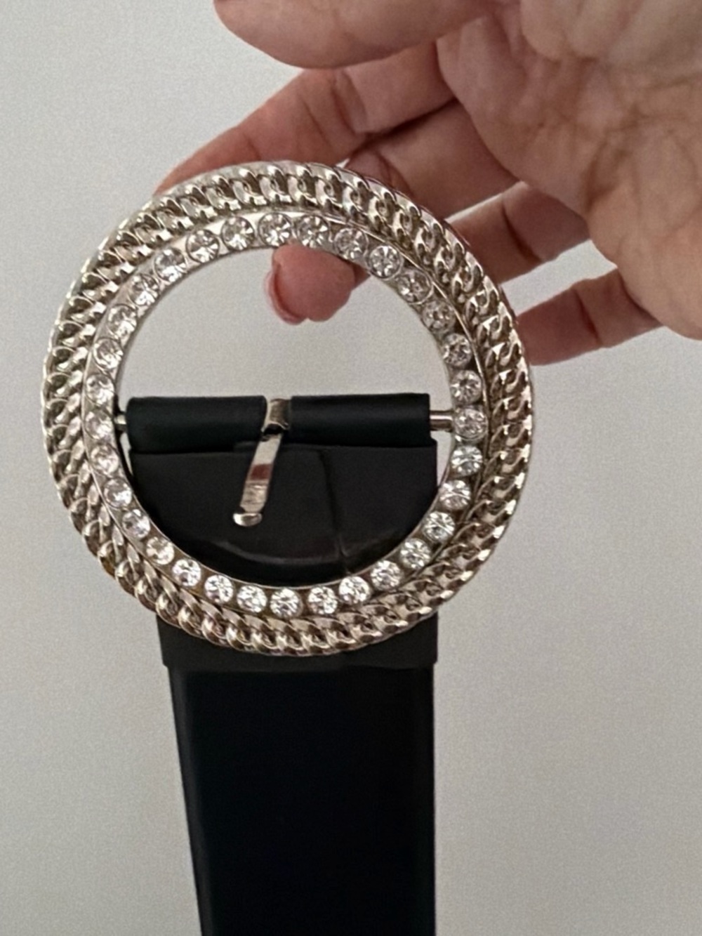 Vince Camuto Black Belt with Crystal-Embellished Silver Round Buckle